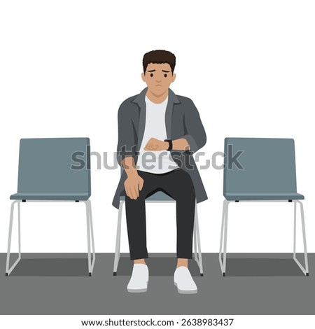 Concerned man sits alone in a row of chairs, anxiously looking at his watch while waiting. Flat vector illustration isolated on white background