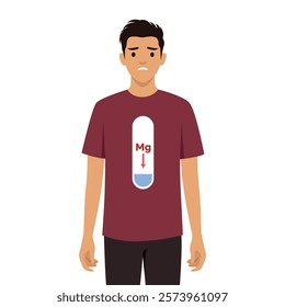 Concerned man wearing tshirt symbolizing low magnesium levels or Mg displayed on it. Flat vector illustration isolated on white background