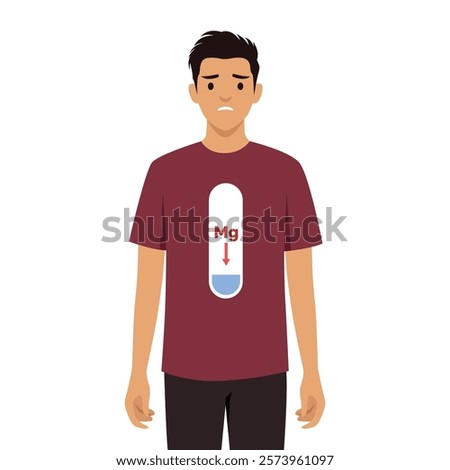 Concerned man wearing tshirt symbolizing low magnesium levels or Mg displayed on it. Flat vector illustration isolated on white background