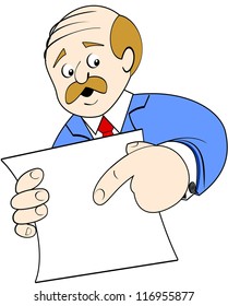 Concerned middle aged man pointing at a blank sign or paper