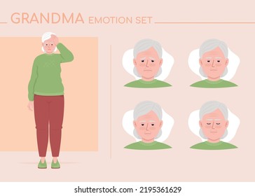 Concerned Old Woman Semi Flat Color Character Emotions Set. Editable Facial Expressions. Discomfort Vector Style Illustration For Motion Graphic Design And Animation. Comfortaa Font Used