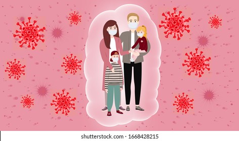 Concerned people, family because of coronavirus (covid-19). Masked people, protection methods concept. Wuhan pneumonia vector illustration. Coronavirus infection control. Bacteria in the air. 