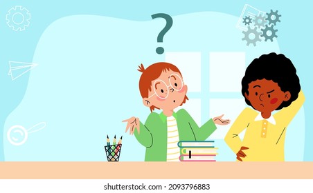 Concerned school boys trying to solve the problem, cartoon vector banner with copy space for text illustration. Children sitting at desk with books and pencils. Background with educational concept.