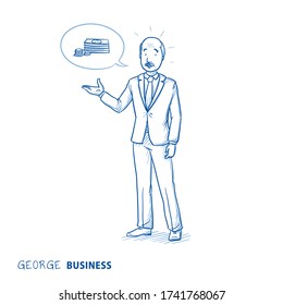 Concerned senior business man talking about lack of money, insolvency, payment or costs. Hand drawn line art cartoon vector illustration