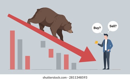 Concerned stock trader deciding whether to buy or sell while a large brown bear walks down a red declining arrow.