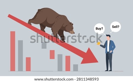 Concerned stock trader deciding whether to buy or sell while a large brown bear walks down a red declining arrow.