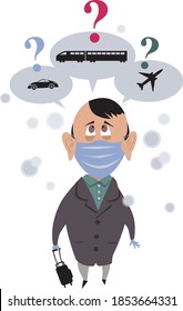 Concerned traveler in safety face mask choosing between a car, a train and a plane as a safest mean of transportation during pandemic, EPS8 vector illustration