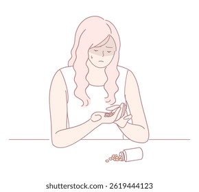 A concerned woman holds pills, reflecting on her health and medication choices impacting her wellbeing