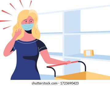 Concerned woman with a trolley and in medical mask is looking at empty shelves in a supermarket.
