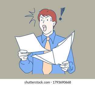 Concerned young businessman holding paper documents. Man is shocked and surprised. Hand drawn in thin line style, vector illustrations.