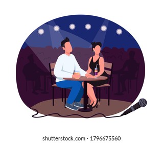Concert 2D vector web banner, poster. Romantic date watching performance. Couple at table flat characters on cartoon background. Weekend entertainment for two printable patch, colorful web element