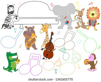 A concert of animals. Animals are enjoying singing and playing musical instruments.