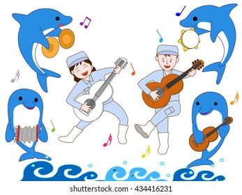 The concert in the aquarium by a dolphin and the staff.