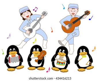 The concert in the aquarium by a penguin and the staff.