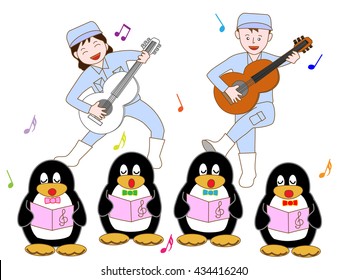The concert in the aquarium by a penguin and the staff.
