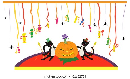 Concert of cats with pumpkin in hat sing in karaoke and have fun with candies on stage for Halloween night