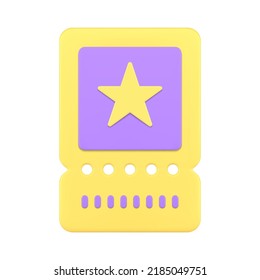 Concert celebrity show ticket yellow purple vertical entry pass entertainment access permission realistic 3d icon vector illustration. Advertisement promo commercial discount sale business deal