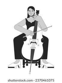 Dibujo plano de dibujos animados en blanco y negro de una chica violonchelo concertada. Mujer adulta de Oriente Medio música violoncelista personaje de linearto 2D aislado. Reproducir el instrumento de orquesta monocromo de la imagen de contorno vectorial de escena