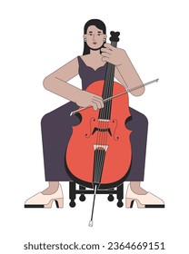 Dibujo plano de la línea de conciertos de chicas de violonchelo. Mujer adulta de Oriente Medio música violoncelista personaje de lino 2D aislado de fondo blanco. Imagen de color vectorial de la escena del instrumento de la orquesta de reproducción