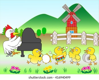 The concert of the chicken at the ranch.