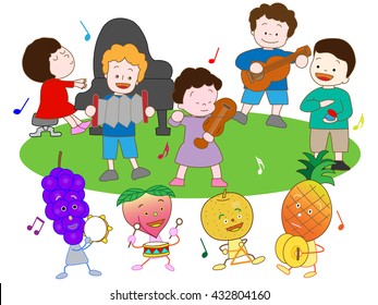 A concert of a child and the fruit.