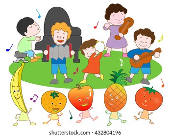 A concert of a child and the fruit.