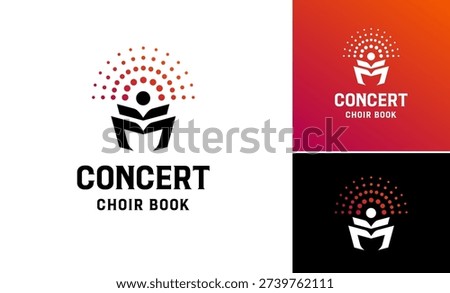 Concert choir book performance people accompaniment creative logo vector, Circular composer stage shine luxury vector logo design, Initial letter M simple book logo symbol
