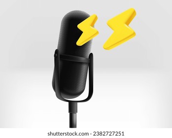 Concert concept. Retro microphone with golden thunderbolts. 3d vector illustration