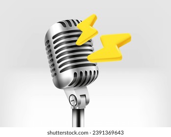 Concert concept. Retro microphone with golden thunderbolts. 3d vector illustration