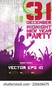 Concert crowd in front of stage. Party poster, vector illustration 