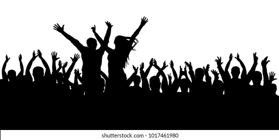 Concert disco, dancing crowd silhouette, cheerful people