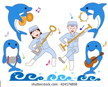 It is a concert of a dolphin and the staff in an aquarium.