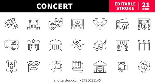 Conjunto de iconos de línea editable de concierto: música y símbolos de rendimiento