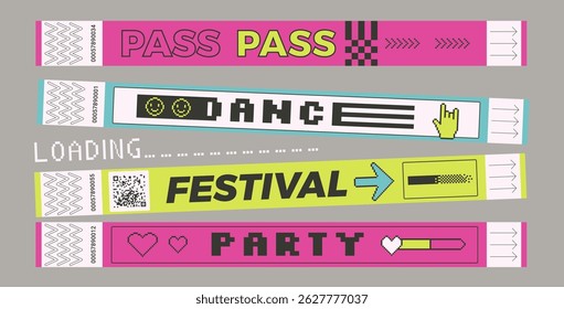 Concert event bracelet tickets set. Music festival, party, wristbands in retro rave style. Hand pass for nightclub carnival access. Paper wrist band templates y2k event. Vector security id show.