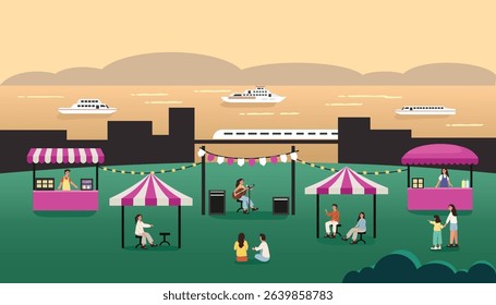 Concert event. People watch music concert. Food festive. Concert audience. Holiday music festive. Summer event. Family recreation. Beach recreation.
