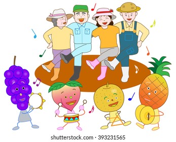 A concert of the fruit.The agriculture family who is pleased with gain of the fruit.