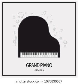 Concert grand piano Black color, keyboards and plucked instruments. Icon isolated on a light background. With elements of a treble clef, a star, headphones, a mediator. Banner with a frame. Vector 