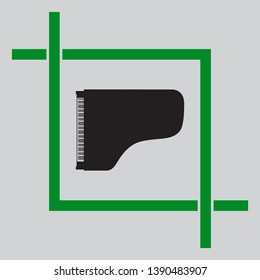 Concert grand piano sign. Black icon inside green crop tool at light gray background