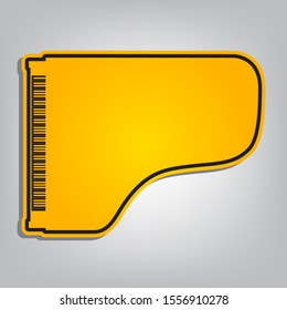 Concert grand piano sign. Flat orange icon with overlapping linear black icon with gray shadow at whitish background. Illustration.