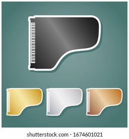 Concert grand piano sign. Set of metallic Icons with gray, gold, silver and bronze gradient with white contour and shadow at viridan background. Illustration.
