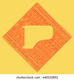 Concert grand piano sign. Vector. Red scribble icon obtained as a result of subtraction rhomb and path. Royal yellow background.