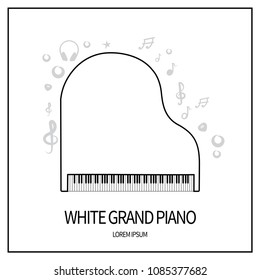 Concert grand piano  white color, keyboards and plucked instruments. Icon isolated on a light background. With elements of a treble clef, a star, headphones, a mediator. Banner with a frame. Vector 