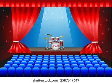 Concert hall. Decoration with a stage and musical instruments. Vector 3d art illustration