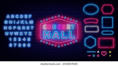 Concert hall neon emblem. Music talent performance. Colorful text. Geometric frames set. Vector stock illustration