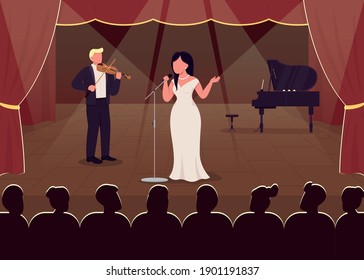 Concert hall perfomance flat color vector illustration. Evening show of beutiful songs. Elegant classical music show artists 2D cartoon characters with big luxury theatre on background