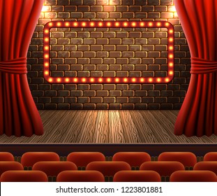Concert hall with rows of chairs. Scene with open curtains and neon signboard against decorative brick vintage wall and wooden floor with light from floodlights.