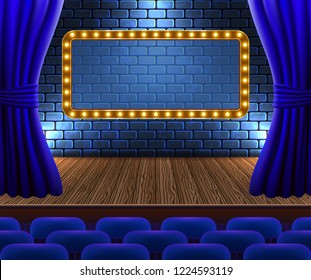 Concert hall with rows of chairs. Scene with open curtains and neon signboard against decorative brick vintage wall and wooden floor with light from floodlights.