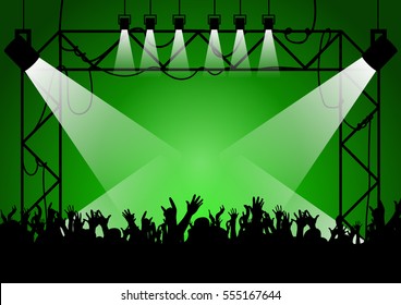 a concert hall, the silhouette of the hands, spotlights, green. vector illustration