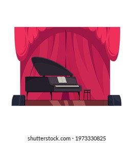 Concert hall or theatre stage with piano and red curtains flat vector illustration