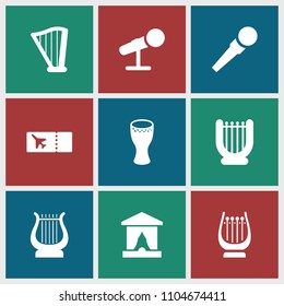Concert icon. collection of 9 concert filled icons such as harp, stage, drum, microphone. editable concert icons for web and mobile.